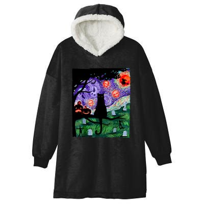 Black Cat Halloween Scary Night Cat Pumpkin Art Gift Hooded Wearable Blanket