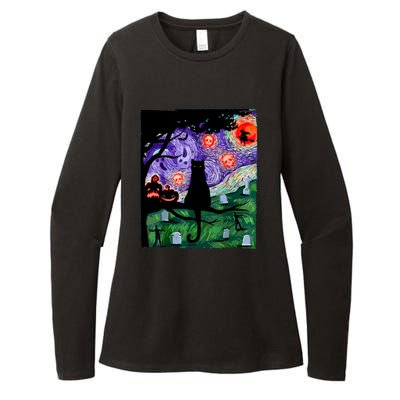 Black Cat Halloween Scary Night Cat Pumpkin Art Gift Womens CVC Long Sleeve Shirt