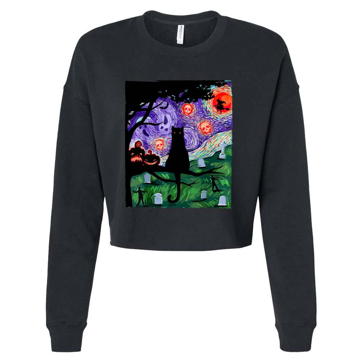 Black Cat Halloween Scary Night Cat Pumpkin Art Gift Cropped Pullover Crew