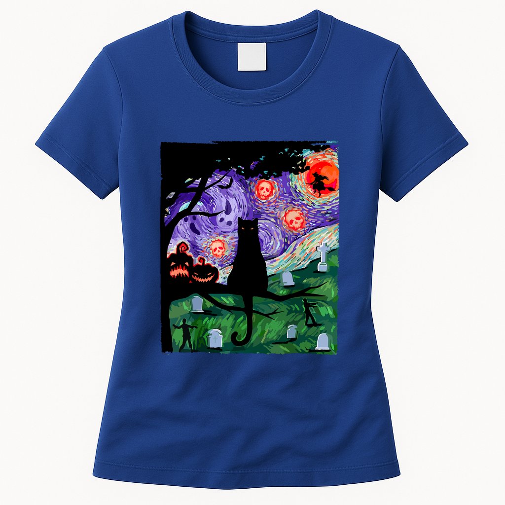 Black Cat Halloween Scary Night Cat Pumpkin Art Gift Womens T-Shirt