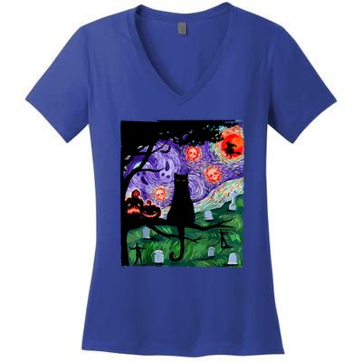 Black Cat Halloween Scary Night Cat Pumpkin Art Gift Women's V-Neck T-Shirt