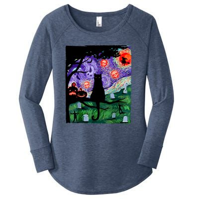 Black Cat Halloween Scary Night Cat Pumpkin Art Gift Women's Perfect Tri Tunic Long Sleeve Shirt