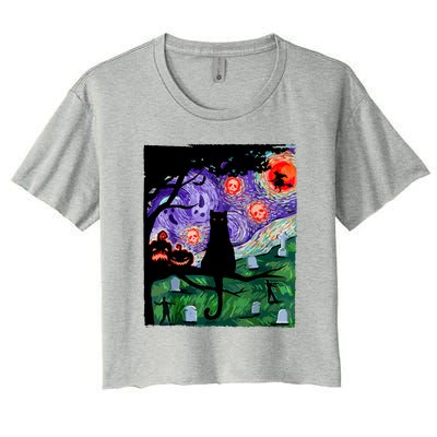 Black Cat Halloween Scary Night Cat Pumpkin Art Gift Women's Crop Top Tee