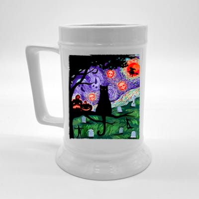 Black Cat Halloween Scary Night Cat Pumpkin Art Gift Beer Stein