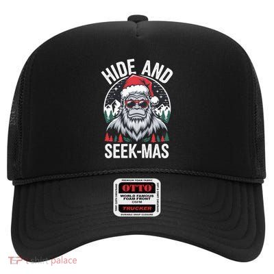 Bigfoot Christmas Hide And Seekmas Santa Hat Humor Cool Gift High Crown Mesh Back Trucker Hat