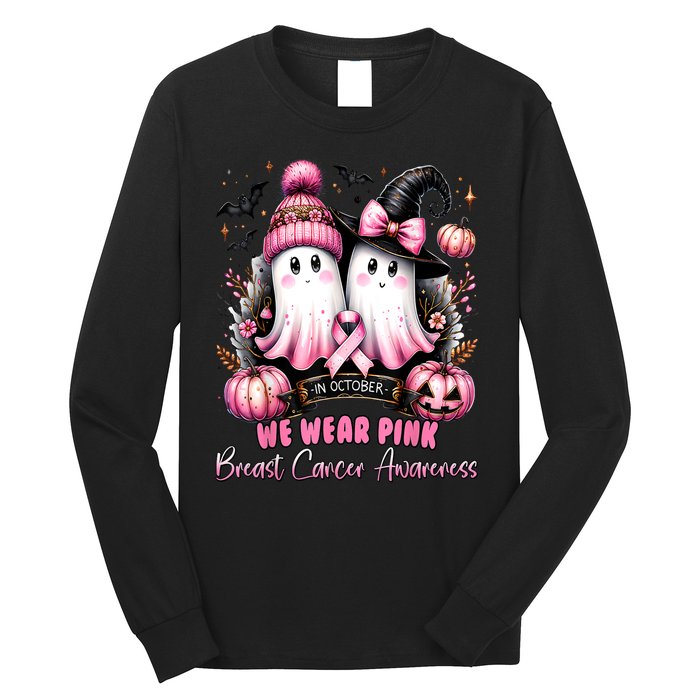 Breast Cancer Halloween In October We Wear Pin.K Ghost Witch Awareness Gift Long Sleeve Shirt