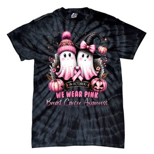 Breast Cancer Halloween In October We Wear Pin.K Ghost Witch Awareness Gift Tie-Dye T-Shirt