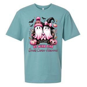 Breast Cancer Halloween In October We Wear Pin.K Ghost Witch Awareness Gift Sueded Cloud Jersey T-Shirt