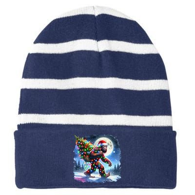 Bigfoot Christmas Holiday Sasquatch Xmas Striped Beanie with Solid Band