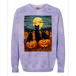 Black Cat Halloween Cat Lovers Starry Night Cat Van Gogh Cat Colorblast Crewneck Sweatshirt