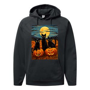 Black Cat Halloween Cat Lovers Starry Night Cat Van Gogh Cat Performance Fleece Hoodie