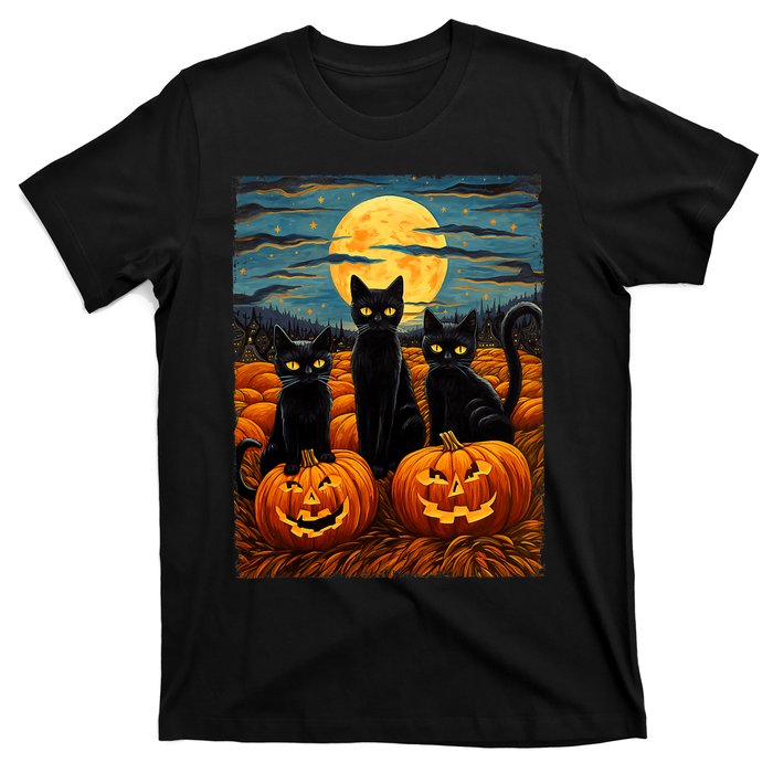 Black Cat Halloween Cat Lovers Starry Night Cat Van Gogh Cat T-Shirt