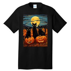 Black Cat Halloween Cat Lovers Starry Night Cat Van Gogh Cat Tall T-Shirt