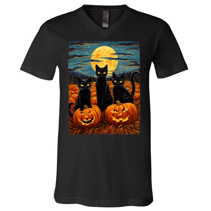 Black Cat Halloween Cat Lovers Starry Night Cat Van Gogh Cat V-Neck T-Shirt