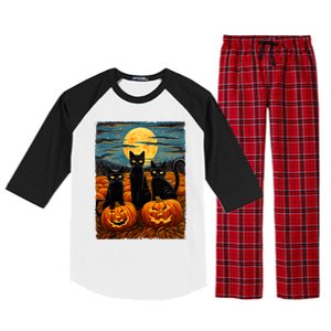 Black Cat Halloween Cat Lovers Starry Night Cat Van Gogh Cat Raglan Sleeve Pajama Set