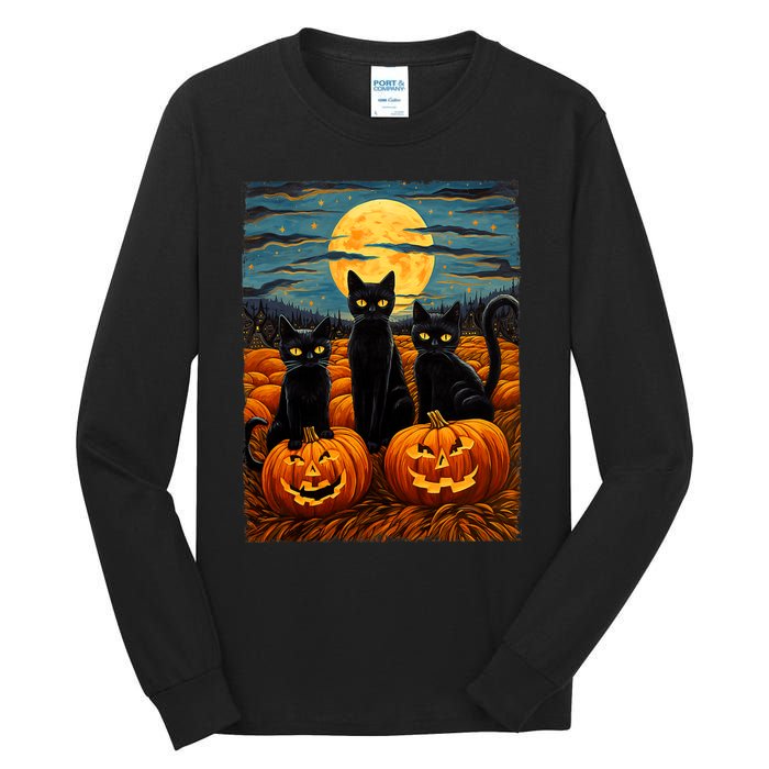 Black Cat Halloween Cat Lovers Starry Night Cat Van Gogh Cat Tall Long Sleeve T-Shirt