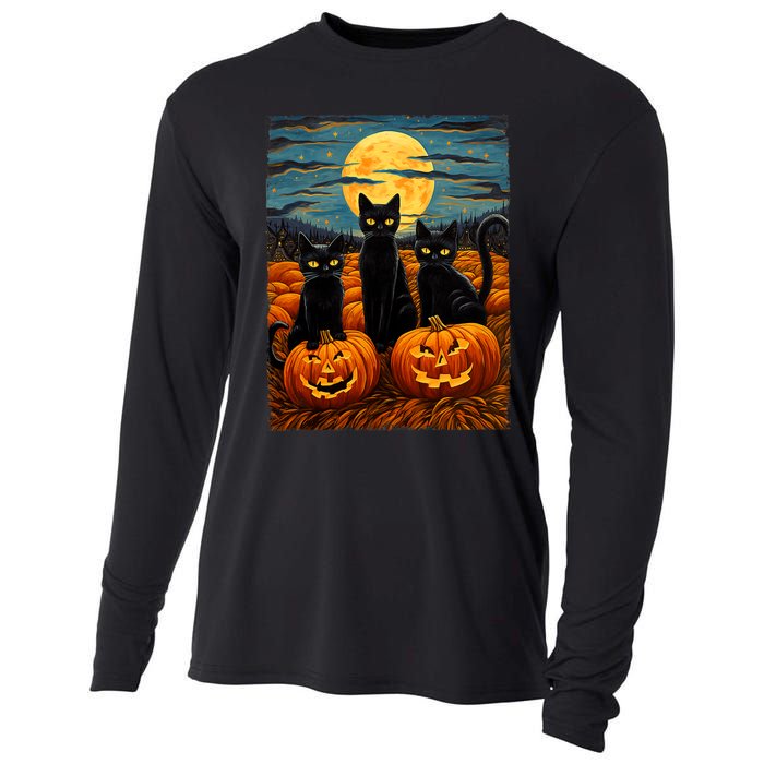 Black Cat Halloween Cat Lovers Starry Night Cat Van Gogh Cat Cooling Performance Long Sleeve Crew