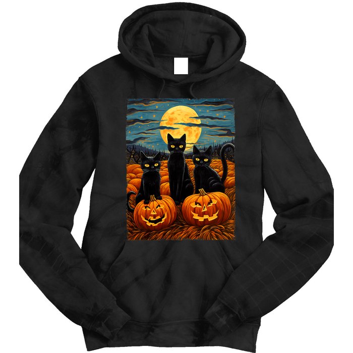 Black Cat Halloween Cat Lovers Starry Night Cat Van Gogh Cat Tie Dye Hoodie