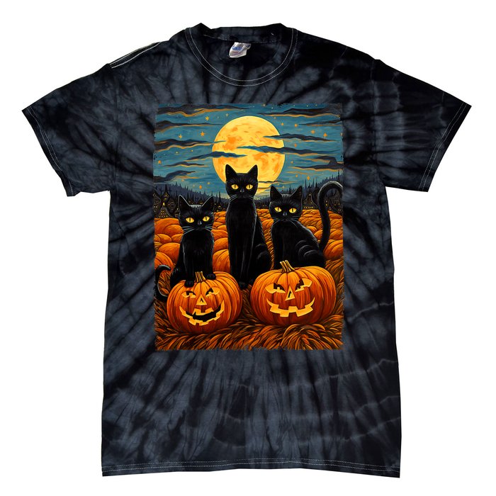 Black Cat Halloween Cat Lovers Starry Night Cat Van Gogh Cat Tie-Dye T-Shirt