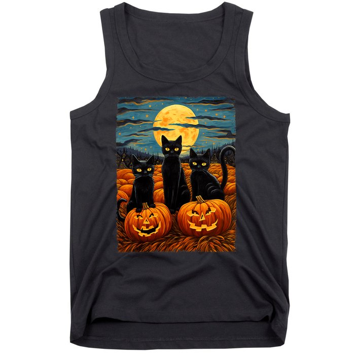 Black Cat Halloween Cat Lovers Starry Night Cat Van Gogh Cat Tank Top