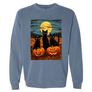 Black Cat Halloween Cat Lovers Starry Night Cat Van Gogh Cat Garment-Dyed Sweatshirt