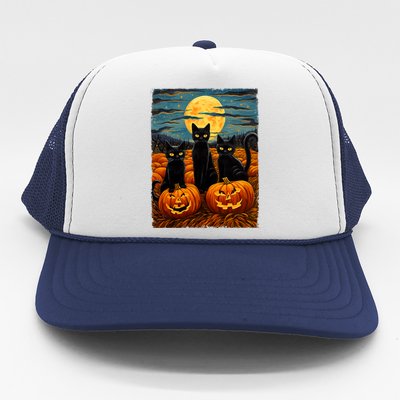 Black Cat Halloween Cat Lovers Starry Night Cat Van Gogh Cat Trucker Hat