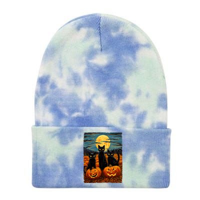 Black Cat Halloween Cat Lovers Starry Night Cat Van Gogh Cat Tie Dye 12in Knit Beanie