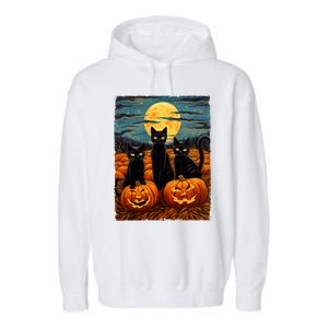 Black Cat Halloween Cat Lovers Starry Night Cat Van Gogh Cat Garment-Dyed Fleece Hoodie