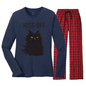 Black Cat Humor Hiss Off Meow Cat Women's Long Sleeve Flannel Pajama Set 