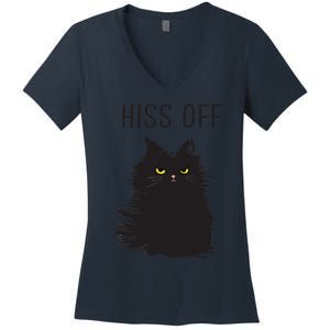 Black Cat Humor Hiss Off Meow Cat Women's V-Neck T-Shirt