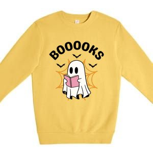 Booooks Cute Halloween Ghost Read More Books Funny Spooky Premium Crewneck Sweatshirt