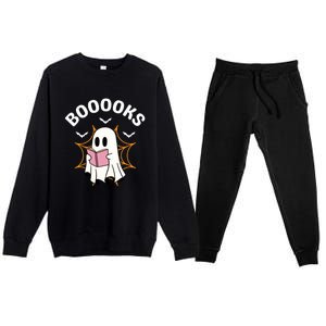 Booooks Cute Halloween Ghost Read More Books Funny Spooky Premium Crewneck Sweatsuit Set