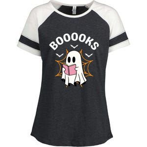 Booooks Cute Halloween Ghost Read More Books Funny Spooky Enza Ladies Jersey Colorblock Tee