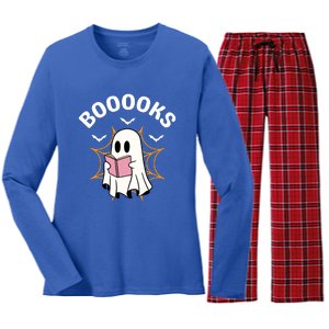 Booooks Cute Halloween Ghost Read More Books Funny Spooky Women's Long Sleeve Flannel Pajama Set 