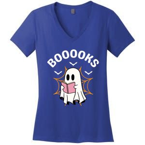 Booooks Cute Halloween Ghost Read More Books Funny Spooky Women's V-Neck T-Shirt