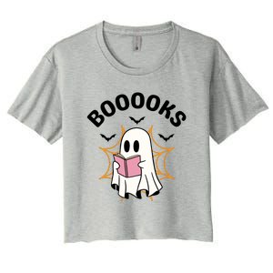 Booooks Cute Halloween Ghost Read More Books Funny Spooky Women's Crop Top Tee