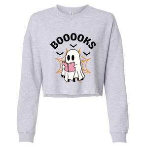 Booooks Cute Halloween Ghost Read More Books Funny Spooky Cropped Pullover Crew