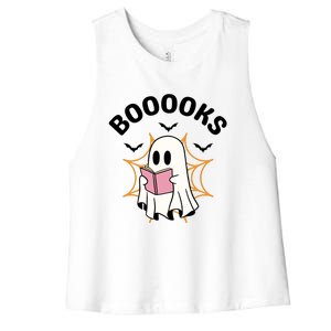 Booooks Cute Halloween Ghost Read More Books Funny Spooky Women's Racerback Cropped Tank