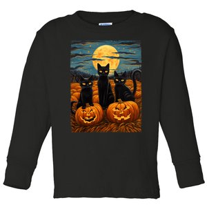 Black Cat Halloween Cat Lovers Starry Night Cat Van Gogh Cat Toddler Long Sleeve Shirt