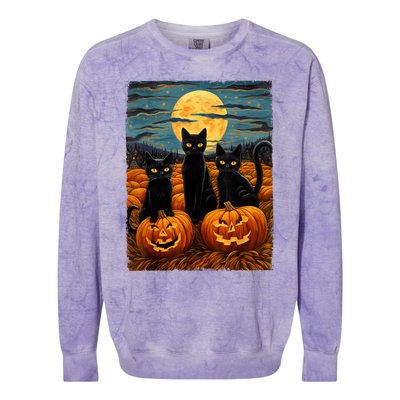 Black Cat Halloween Cat Lovers Starry Night Cat Van Gogh Cat Colorblast Crewneck Sweatshirt