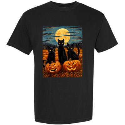 Black Cat Halloween Cat Lovers Starry Night Cat Van Gogh Cat Garment-Dyed Heavyweight T-Shirt