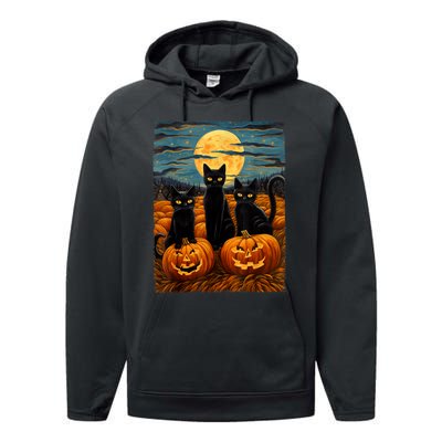 Black Cat Halloween Cat Lovers Starry Night Cat Van Gogh Cat Performance Fleece Hoodie