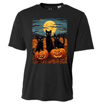 Black Cat Halloween Cat Lovers Starry Night Cat Van Gogh Cat Cooling Performance Crew T-Shirt