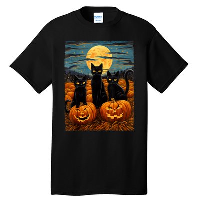 Black Cat Halloween Cat Lovers Starry Night Cat Van Gogh Cat Tall T-Shirt