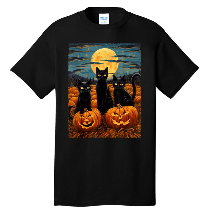 Black Cat Halloween Cat Lovers Starry Night Cat Van Gogh Cat Tall T-Shirt