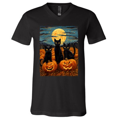 Black Cat Halloween Cat Lovers Starry Night Cat Van Gogh Cat V-Neck T-Shirt