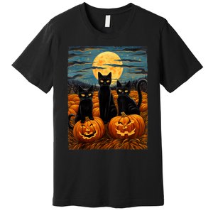 Black Cat Halloween Cat Lovers Starry Night Cat Van Gogh Cat Premium T-Shirt