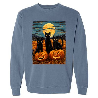 Black Cat Halloween Cat Lovers Starry Night Cat Van Gogh Cat Garment-Dyed Sweatshirt