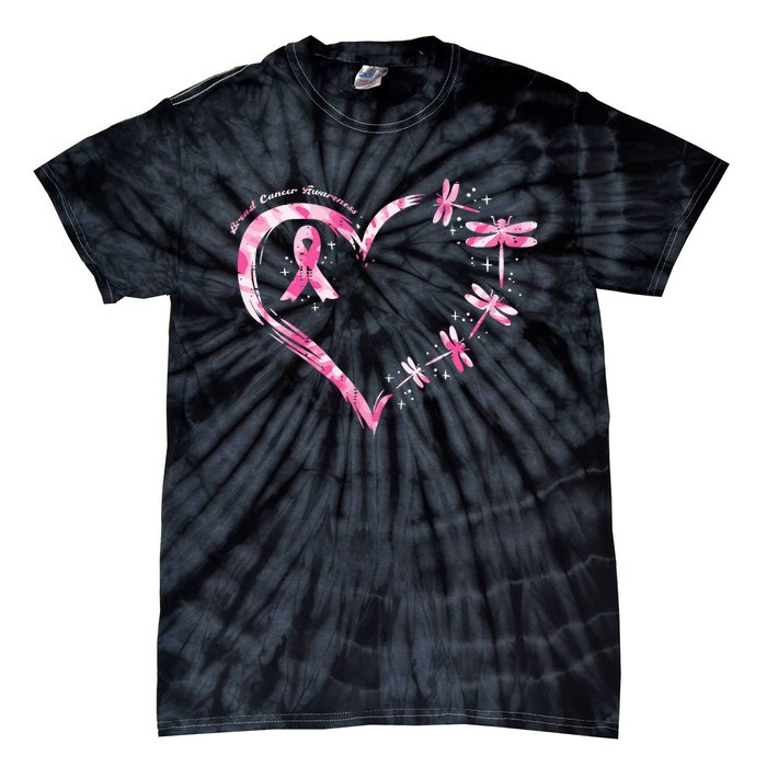 Breast Cancer Heart Dragonflies Awareness Tie-Dye T-Shirt