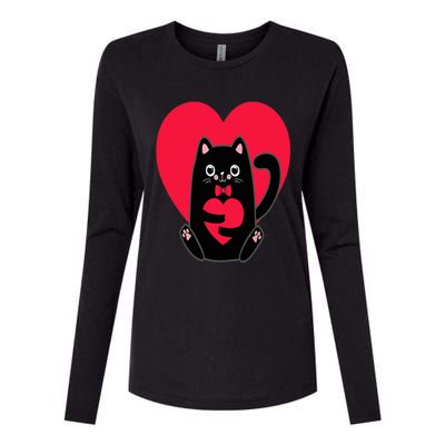 Black Cat Heart Valentines Day Cute Kitten Kitty-Love V Day Womens Cotton Relaxed Long Sleeve T-Shirt